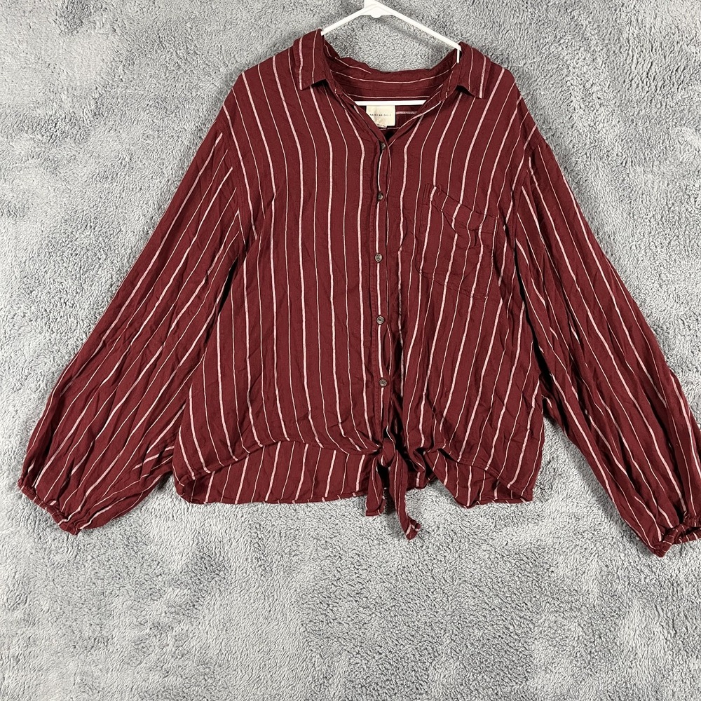 American Eagle Blouse Top Womens XXL Maroon White Striped Long Sleeve Tie Hem